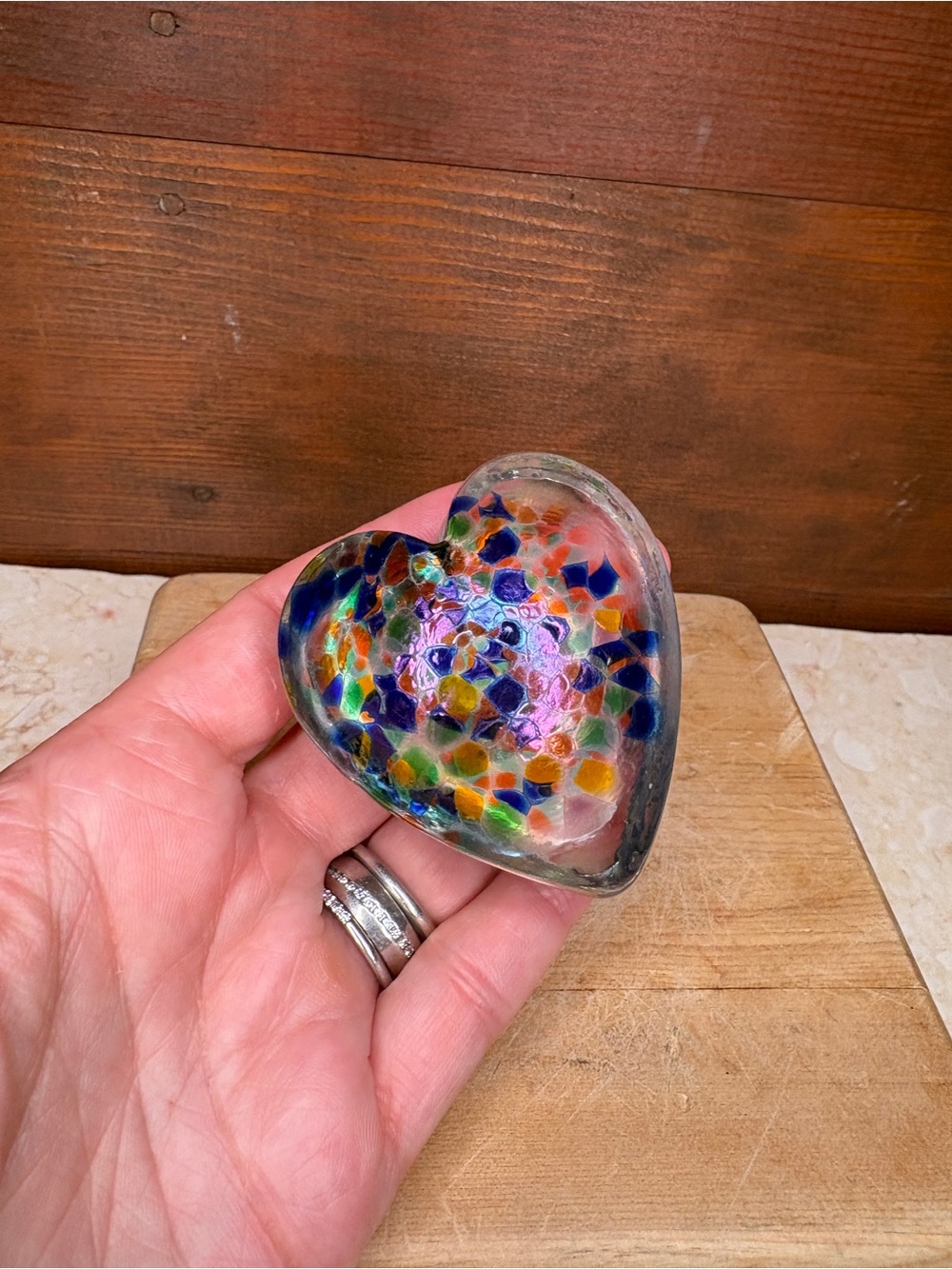 Robert Held Art Glass Canada Handblown Iridescent Multicolored Heart Paperweight